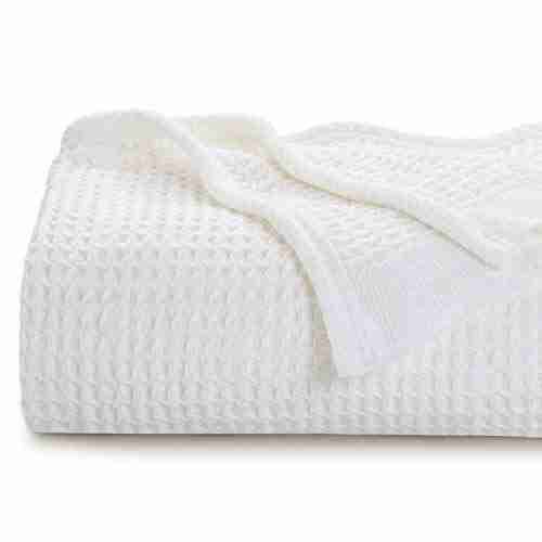 Bedsure 100% Cotton Blankets Queen Size for Bed - White 405GSM Waffle Weave Soft Lightweight Thermal Bed Blankets Queen Size, 90x90 inches