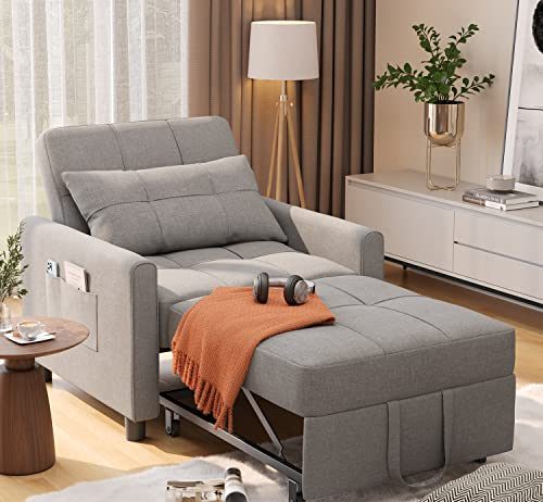 Noelse Convertible Sofa Chair Bed, 3-in-1 Multi-Functional Sleeper Chair Bed, Adjustable Backrest Recliner with Modern Linen Fabric for Living Room Bedroom Apartment Small Space, Gray