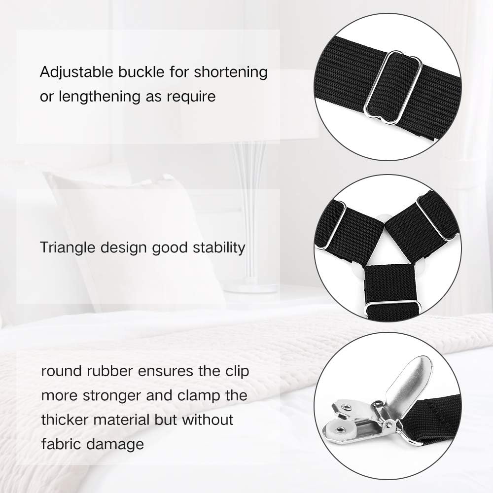 Bed Sheet Fasteners, 4 PCS Adjustable Triangle Elastic Suspenders Gripper Holder Straps Clip for Bed Sheets,Mattress Covers, Sofa Cushion