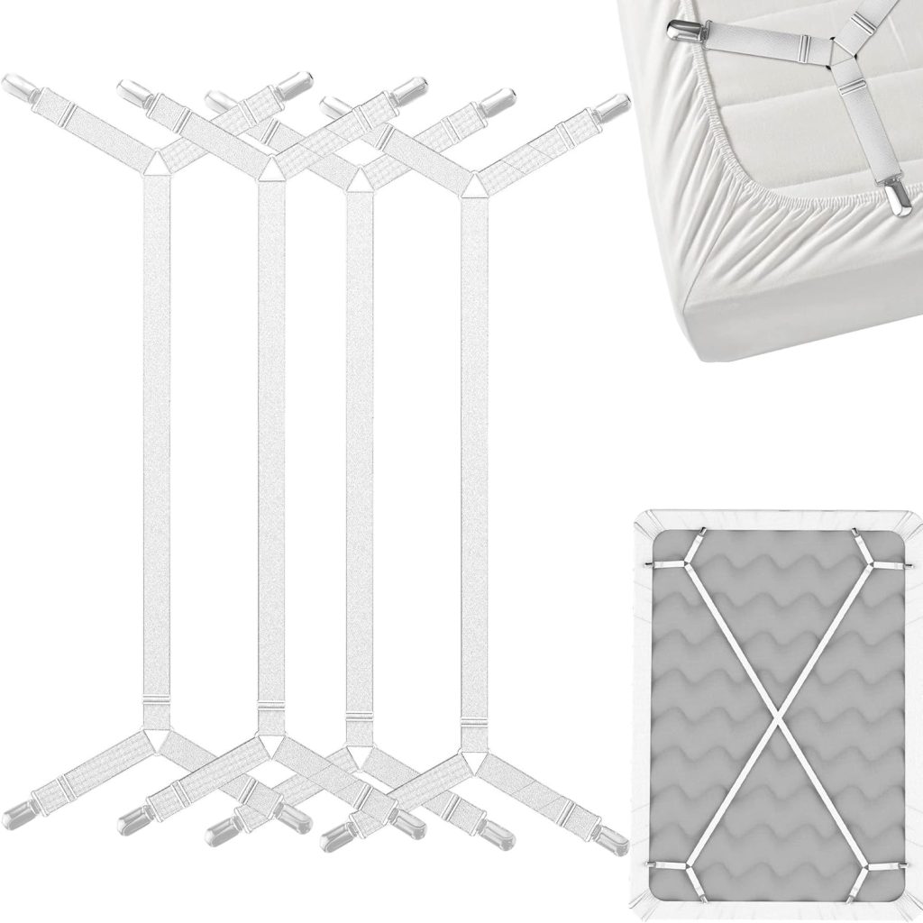 FeelAtHome Bed Sheet Holder Straps Criss-Cross - Sheets Stays Suspenders Keeping Fitted Or Flat Bedsheet in Place - for Twin Queen King Mattress Holders Elastic Clips Grippers Fasteners Garters Bands