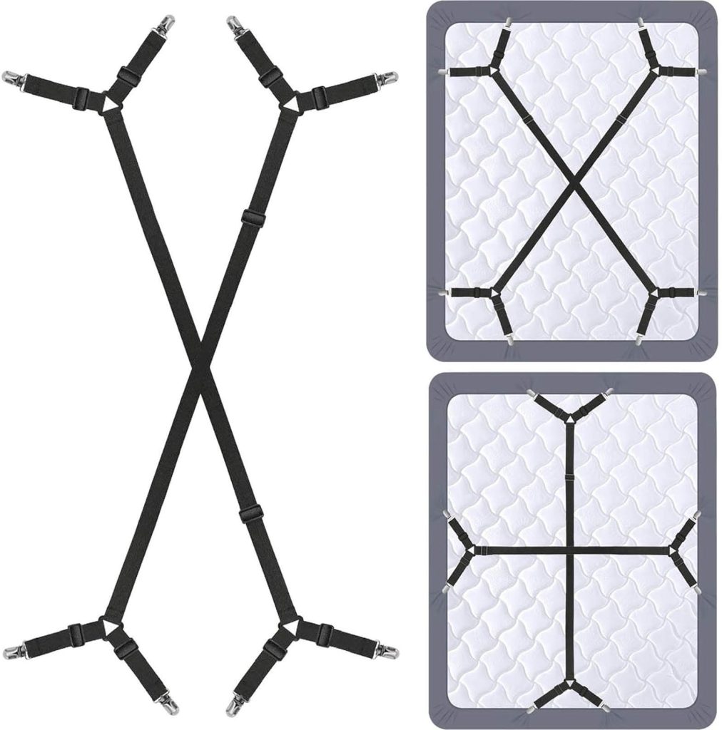 Bed Sheet Holder Straps - Adjustable Crisscross Clips Elastic Band Fitted Bed Sheet Fasten Suspenders Grippers,2Pcs/Set Black