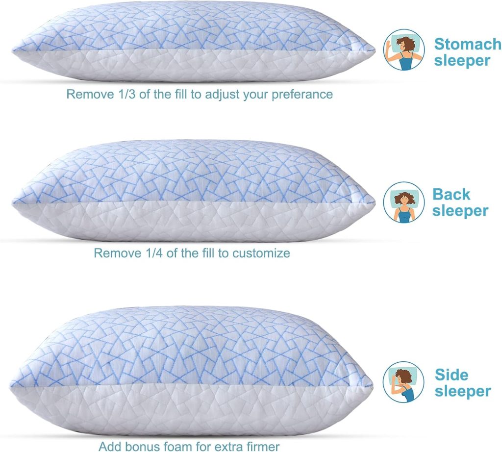 Cooling Pillow for hot Sleepers - Bamboo Pillow for Side and Back Sleeper - Adjustable Bed Pillows Queen for Neck and Shoulder Pain Relief - Shredded Memory Foam Cooling Gel Pillow with Extra Fill