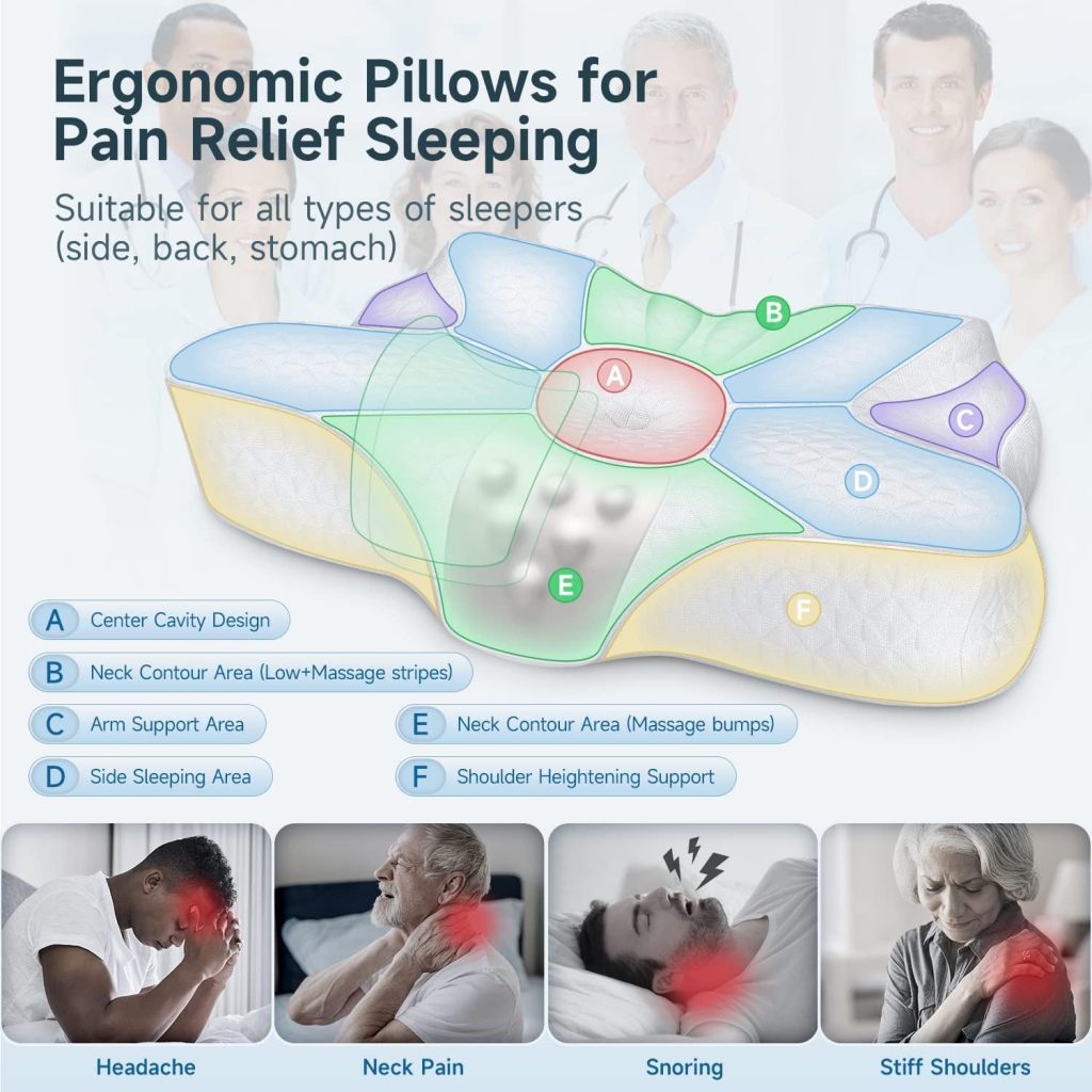 zibroges Cervical Memory Foam Pillow for Neck Shoulder Pain Relief Sleeping Supports Your Head, Ergonomic Contoured Orthopedic Cooling Bed Pillow for Side, Back and Stomach Sleepers